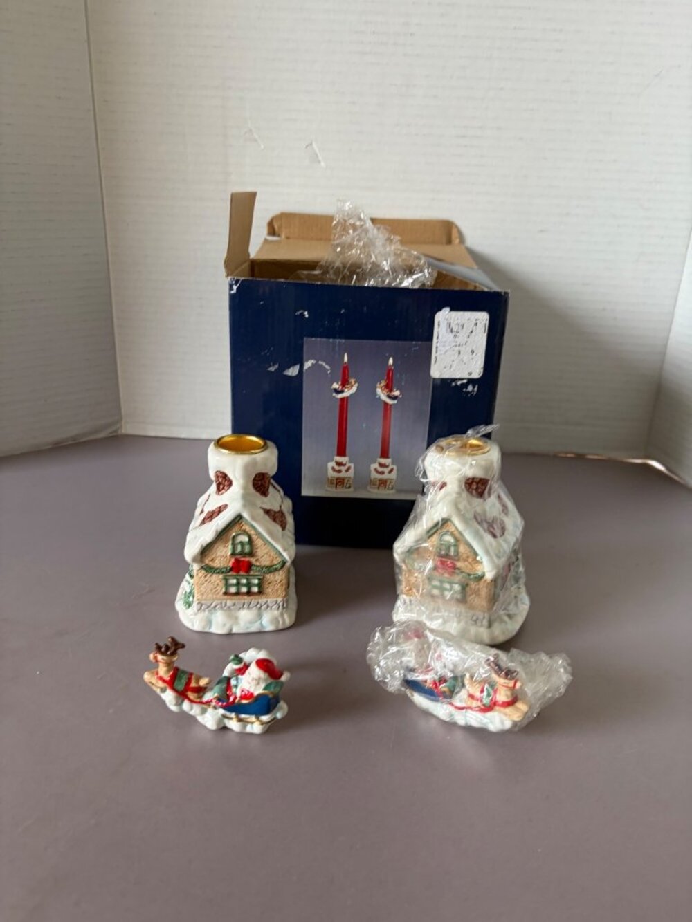 Christmas Candle Holders & Santa Sleigh Figurines Set Hand-Painted Ceramic Holid